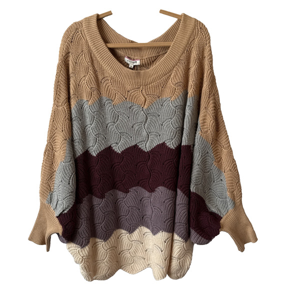 Andree By Unit NWT Women’s 1X Boho Scallop Knit Stripe Dolman Oversized Sweater - Picture 1 of 8